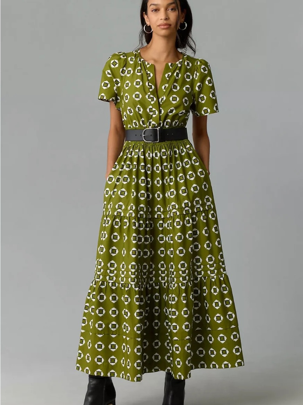 Anthropologie Somerset Olive Green Printed Tiered Maxi Dress